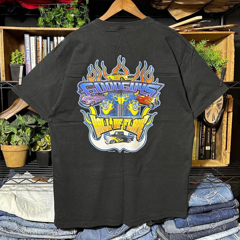 Vintage Y2K GoodGuys Car Show Tee Black Flames Biker Skater Style Shirt Mens XL
